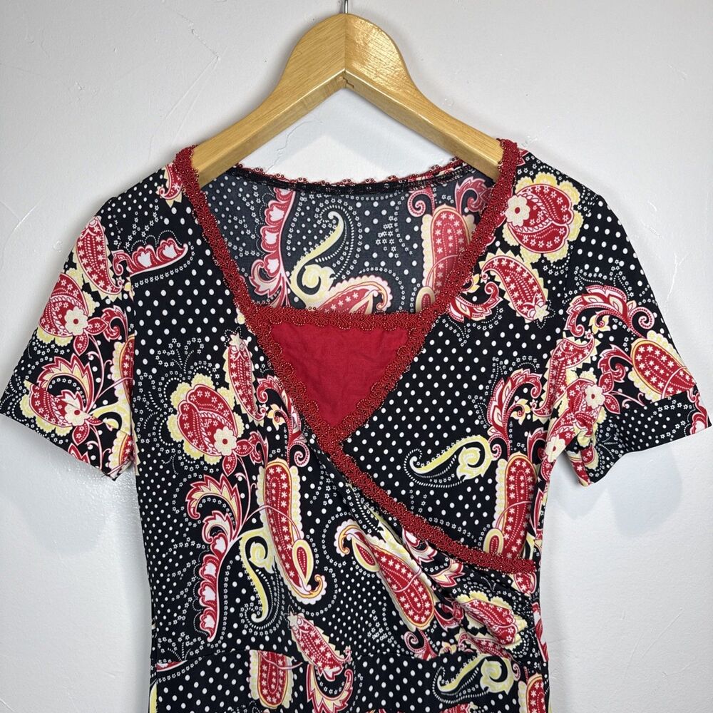 Paisley Floral Dress Retro Rock A Billy Colorful Size XS? Faux Wrap - Picture 3 of 9